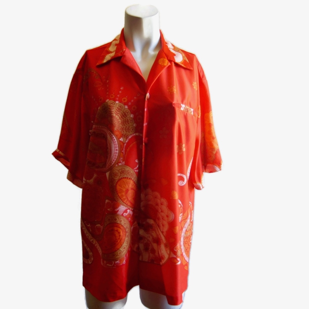 Vintage Ja-Na of Hawaii Orange Floral Print Shirt